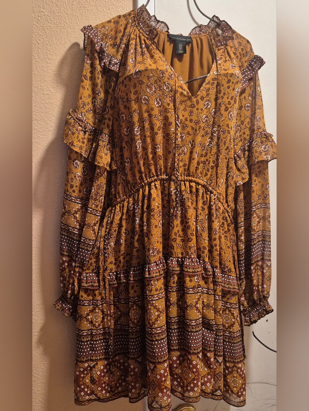 House of Harlow 1960 Mustard and Rust Floral Peasant Drees